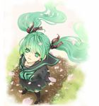  calc_(vocaloid) earbuds earphones from_above green_eyes green_hair hair_ribbon hatsune_miku long_hair md5_mismatch petals ribbon school_uniform serafuku skirt smile solo thighhighs twintails very_long_hair vocaloid yamano_uzura 