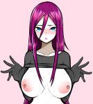  1girl black_gloves blue_eyes blush breasts collarbone creatures_(company) elbow_gloves esouko game_freak gloves hair_between_eyes highres large_breasts lips long_hair looking_at_viewer musashi_(pokemon) nintendo nipples pink_background pokemon pokemon_(anime) purple_hair shirt_lift simple_background solo straight_hair sweat upper_body 