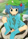  backpack bag blue_eyes blue_hair boots expressionless hair_bobbles hair_ornament hat ica kawashiro_nitori key rock rubber_boots short_hair sitting solo staring touhou twintails two_side_up v_arms water wide-eyed 