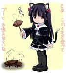  animal_ears bad_id bad_pixiv_id black_dress black_hair blush cat_ears dress flower food gokou_ruri gothic_lolita hairband highres imai_kazunari leaf lolita_fashion long_hair mole mole_under_eye open_mouth ore_no_imouto_ga_konna_ni_kawaii_wake_ga_nai pantyhose purple_flower purple_rose red_eyes rose solo stick sweet_potato tail translated 