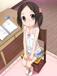  bare_shoulders black_eyes black_hair chair child eraser from_above full_body hair_ribbon highres kneehighs long_hair looking_at_viewer looking_up notebook open_mouth original pencil ribbon shouji_ayumu sitting skirt socks solo table twintails white_legwear younger 