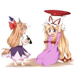  2girls :d blonde_hair blush bottle bow brown_eyes cup gloves hair_bow hat horns ibuki_suika long_hair multiple_girls nanana_(chicken_union) open_mouth purple_eyes sakazuki smile tears touhou very_long_hair white_gloves wrist_cuffs yakumo_yukari 