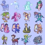  6+girls akai_(artist) akai_(ugokashitari) aliasing animal_ears centaur centauress combination dullahan goo_girl harpy japanese_clothes kimono lamia monster_girl multiple_girls pixel_art plant_girl purple_background scarecrow simple_background slime slimegirl snail_girl sprite trident wings 