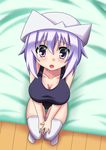  bed blush breasts chikichikibatta from_above hat large_breasts lavender_hair letty_whiterock one-piece_swimsuit purple_eyes school_swimsuit sitting skindentation solo swimsuit thighhighs touhou white_legwear 