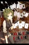  blue_eyes card card_background facepaint floating_card formal garters gloves green_hair gumi highres holding holding_card horns necktie poker_face_(vocaloid) short_hair sleeves_pushed_up solo suit thighhighs too_mizuguchi vocaloid 