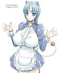  animal_ears apron aqua_hair bell bell_collar blue_eyes blush breasts cat_ears collar cosplay doraemon doraemon_(character) doraemon_(character)_(cosplay) huge_breasts jingle_bell magaki_ryouta maid maid_headdress original sketch smile solo tail 