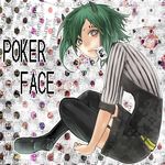  bad_id bad_pixiv_id blue_eyes card card_in_mouth facepaint garters green_hair gumi horns mouth_hold poker_face_(vocaloid) short_hair solo tcb thighhighs vocaloid 