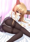  ass bed blonde_hair bra dress_shirt highres horns ibuki_suika lingerie long_hair lying open_clothes open_shirt panties panties_under_pantyhose pantyhose purple_eyes shirt solo thighband_pantyhose touhou underwear yoye_(pastel_white) 