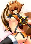  animal_ears antenna_hair blazblue boots breasts brown_hair highres large_breasts makoto_nanaya midriff navel orange_skirt revealing_clothes short_hair skirt solo squirrel_ears squirrel_tail tail thigh_boots thighhighs tonfa twisted_torso underboob weapon yuriyuri_(ccc) 