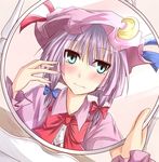  alternate_hairstyle aqua_eyes blush crescent female_pov hat mirror patchouli_knowledge pov purple_hair ram_hachimin reflection ribbon short_hair solo touhou 