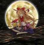  alcohol barefoot belt blonde_hair chain closed_eyes cuffs cup feet full_moon gourd hair_ribbon highres horns ibuki_suika long_hair moon moonlight night night_sky ogi_(sham00) open_mouth ribbon sakazuki sake sitting sky smile solo star_(sky) starry_sky touhou very_long_hair wrist_cuffs 