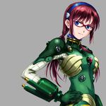  armor bangs blue_eyes bodysuit evangelion:_2.0_you_can_(not)_advance glasses gloves green_bodysuit grey_background hairband hand_on_hip kakome light_smile long_hair looking_at_viewer looking_back low_twintails makinami_mari_illustrious neon_genesis_evangelion number pauldrons pilot_suit plugsuit purple_hair rebuild_of_evangelion red-framed_eyewear sidelocks simple_background smile solo turtleneck twintails twisted_torso upper_body vambraces 