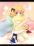  bad_id bad_pixiv_id barefoot blonde_hair bloomers character_doll coco_(119267104) crescent drill_hair heart heart_pillow luna_child pillow pillow_hug red_eyes sitting solo star star_sapphire sunny_milk topless touhou underwear underwear_only wariza wings 