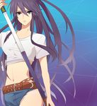  asymmetrical_clothes bad_id bad_pixiv_id hair_ribbon kanzaki_kaori long_hair midriff mtk102 navel ponytail purple_eyes purple_hair ribbon sheath shirt single_pantsleg solo string sword tied_shirt to_aru_majutsu_no_index very_long_hair weapon 