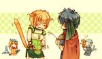  3boys animal_ears blue_hair blush cape cat_ears cat_tail cat_teaser fire_emblem fire_emblem:_souen_no_kiseki ike lethe matatabi_(flower) mordecai multiple_boys orange_hair ranulf short_hair tail tail_wagging watabou 