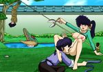  1boy 2girls bondage bottomless breasts crocodile crocodilian cunnilingus garden hanging hostage kuno_kodachi kunou_kodachi large_breasts lowres multiple_girls nipples oral outdoors pubic_hair pussy ranma_1/2 ribbon rope saotome_ranma scissors side_ponytail smile tendou_akane tied_up water 