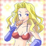  1girl bikini_top blonde_hair blue_eyes candy disgaea food gloves jennifer jennifer_(disgaea) lollipop long_hair lowres midriff solo 