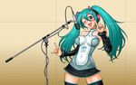  \m/ alternate_costume aoyama_sunao aqua_eyes aqua_hair blush detached_sleeves hair_ribbon hatsune_miku headphones highres impossible_clothes impossible_shirt long_hair microphone microphone_stand navel one_eye_closed pointing ribbon shirt skirt smile solo thighhighs twintails vocaloid 