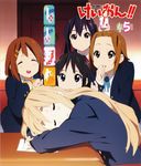  akiyama_mio black_hair blonde_hair brown_hair can hair_ornament hairband hairclip highres hirasawa_yui juice k-on! kotobuki_tsumugi multiple_girls nakano_azusa official_art school_uniform short_hair sleeping tainaka_ritsu twintails 