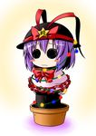  blush_stickers bow chibi christmas christmas_lights christmas_tree_costume frills hat ichimi nagae_iku o_o purple_hair ribbon shawl short_hair solid_circle_eyes solo star touhou 