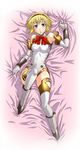  aegis_(persona) android armor bed_sheet blonde_hair blue_eyes blush bow bowtie breasts duplicate highres lying medium_breasts on_back persona persona_3 ribbon segami_daisuke sheet_grab solo 