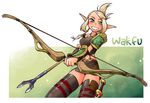  arrow blonde_hair bow_(weapon) braid cra dagger evangelyne freckles green_eyes grin hair_ornament hairclip hayami_rasenjin pointy_ears smile solo thighhighs wakfu weapon 