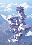  blue_hair cloud day elbow_gloves flying gloves highres hover_bike landscape original science_fiction short_hair skirt sky solo thighhighs tsukuba_masahiro 