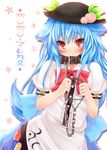  animal_ears blue_hair chain collar food fruit hat highres hinanawi_tenshi imachi kemonomimi_mode leash long_hair peach red_eyes smile solo tail touhou tsurime 