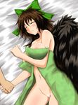  bow breasts brown_hair censored closed_eyes green_bow hair_bow holding_hands large_breasts light_smile long_hair lying naked_towel nipples nude reiuji_utsuho sleeping smile solo_focus touhou towel wings youu_(midgard) 