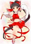  ahoge armpits ascot bad_id bad_pixiv_id black_hair bow brown_hair detached_sleeves fan folding_fan hair_bow hakurei_reimu highres long_hair midriff navel no_bra ponytail red_eyes sandals skirt solo tabi touhou very_long_hair yonjiri 