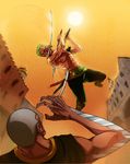  battle blood buzz_cut coreymill daz_bones duel green_hair highres katana male_focus multiple_boys one_piece roronoa_zoro scar shirtless sun sword triple_wielding weapon 