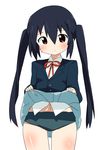  bad_id bad_pixiv_id black_hair brown_eyes buruma k-on! long_hair meiro_(yuu) nakano_azusa neck_ribbon red_ribbon ribbon school_uniform skirt skirt_lift solo twintails 