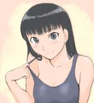  amagami ayatsuji_tsukasa black_eyes black_hair breasts cleavage long_hair pulled_by_self simple_background sketch small_breasts smile solo swimsuit swimsuit_pull ueyama_michirou 