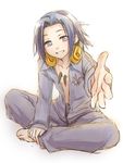  asakura_you barefoot ginta grin headphones male_focus open_clothes open_shirt outstretched_hand shaman_king shirt sitting smile solo 