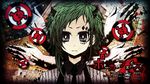  blue_eyes facepaint green_hair gumi hands highres horns poker_face_(vocaloid) shock-berry short_hair solo vocaloid 