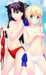  ;p absurdres artoria_pendragon_(all) ass_visible_through_thighs bikini bikini_top_removed black_ribbon blonde_hair blue_eyes blue_ribbon blush breast_hold breasts brown_hair cloud cloudy_sky collarbone covering covering_breasts day fate/stay_night fate_(series) green_eyes hair_ribbon highres looking_at_viewer medium_breasts multiple_girls navel non-web_source official_art one_eye_closed outdoors parted_lips red_bikini ribbon saber side-tie_bikini sky small_breasts swimsuit takeuchi_takashi tongue tongue_out toosaka_rin topless two_side_up white_bikini_bottom 