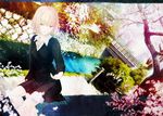  blonde_hair bridge cherry_blossoms fence green_eyes kyoto original philosopher's_walk river shirt sitting skirt solo takeuchi_takashi tree 