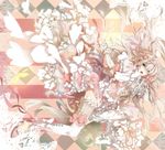 argyle argyle_background dress embellished_costume frills hair_over_one_eye headphones heterochromia lace lace-trimmed_thighhighs long_hair open_mouth original pink pink_hair plastick ribbon solo thighhighs too_many too_many_frills 