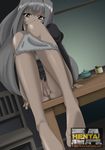  brown_eyes chair chibi_vampire feet gray_hair grey_hair karin legs maaka_anju panties pussy table uncensored underwear vagina 