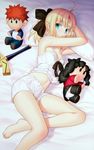  absurdres ahoge aqua_eyes armpits artoria_pendragon_(all) bare_shoulders barefoot bed blonde_hair blue_eyes blurry camisole character_doll emiya_shirou excalibur fate/stay_night fate/unlimited_codes fate_(series) feet hair_ribbon highres legs lingerie long_legs looking_at_viewer lying midriff navel on_bed on_side pillow pillow_hug ponytail ribbon saber saber_lily scan scan_artifacts short_shorts shorts smile solo stuffed_toy sword takeuchi_takashi toosaka_rin underwear weapon 