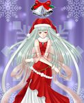  bell blue_hair blush christmas dress fire_emblem fire_emblem:_rekka_no_ken hair_ornament hat highres long_hair mamkute ninian santa_costume solo yuino_(fancy_party) 