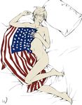  1boy america_(hetalia) axis_powers_hetalia flag full_body glasses male male_focus nude partially_colored solo white_background 