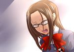  brown_hair fushimi_chihiro glasses long_hair open_mouth persona persona_3 ribbon school_uniform segami_daisuke solo tears 