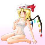  bad_anatomy barefoot blonde_hair flandre_scarlet hanazome_dotera hat one-piece_swimsuit red_eyes school_swimsuit side_ponytail sitting solo swimsuit touhou wariza white_school_swimsuit white_swimsuit wings 