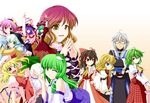  6+girls all_fours ascot black_hair blonde_hair bloomers bococho bow brown_eyes clenched_teeth detached_sleeves dress fang flandre_scarlet frills front_ponytail glasses gradient_hair green_eyes green_hair hair_bow hair_ribbon hair_tubes hakurei_reimu hand_on_hip hat hijiri_byakuren hug kagiyama_hina kazami_yuuka kirisame_marisa kochiya_sanae komeiji_koishi komeiji_satori long_hair long_skirt morichika_rinnosuke multicolored_hair multiple_girls nagae_iku one_eye_closed plaid plaid_skirt plaid_vest purple_eyes purple_hair red_eyes ribbon saturday_night_fever shawl short_hair siblings side_ponytail silver_hair skirt smile sun_hat teeth third_eye touhou underwear vest wings witch_hat yellow_eyes 