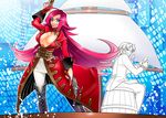  1girl akariya_kuubu barrel binary blue_eyes breasts corset fate/extra fate_(series) francis_drake_(fate) gun large_breasts long_hair matou_shinji pink_hair pirate scar ship very_long_hair watercraft weapon 