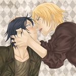  2boys black_hair blonde_hair blue_eyes blush brothers casual genderswap incest kousaka_kirino kousaka_kyousuke licking multiple_boys open_mouth ore_no_imouto_ga_konna_ni_kawaii_wake_ga_nai pixiv_thumbnail resized short_hair siblings simple_background surprised sweat toryi yaoi 