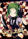  aqua_eyes black_gloves card_(medium) diamond facepaint formal garters gloves green_hair gumi horns mask necktie one_eye_closed poker_face_(vocaloid) sakuro short_hair skirt smile solo suit thighhighs vocaloid 