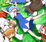  :d @_@ \o/ ^_^ arms_up bare_legs barefoot blonde_hair blue_dress bow brown_hair cirno closed_eyes commentary daiyousei dress face_down fang grass green_hair hair_bow hirosato large_bow leg_up lily_white long_hair luna_child lying multiple_girls on_back on_person on_stomach open_mouth orange_hair outstretched_arms puffy_short_sleeves puffy_sleeves ribbon short_hair short_sleeves side_ponytail smile star_sapphire sunny_milk touhou wide_sleeves x_x yousei_daisensou 
