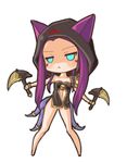  akama animal_ears aqua_eyes axe bare_legs barefoot cat_ears chibi ears_through_headwear genderswap genderswap_(mtf) hood long_hair lowres markings monster monster_girl nefarian no_panties personification purple_hair solo tail warcraft weapon world_of_warcraft 